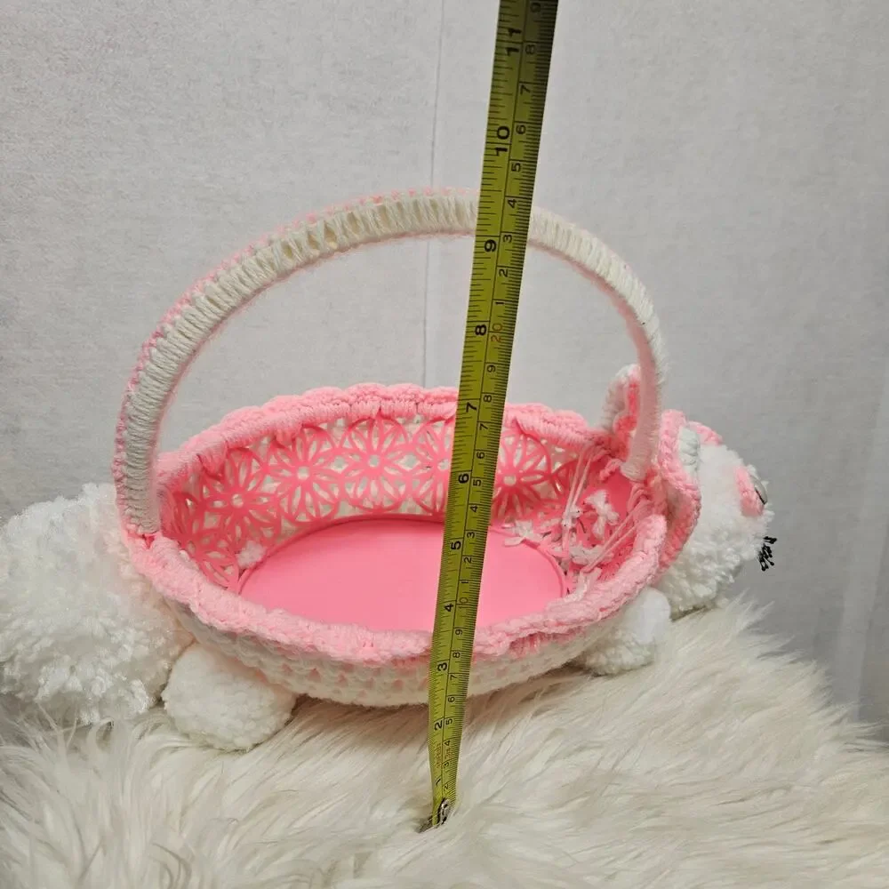 Vintage Style Handmade Crochet Easter Bunny Basket - Pink & White Plush Knit